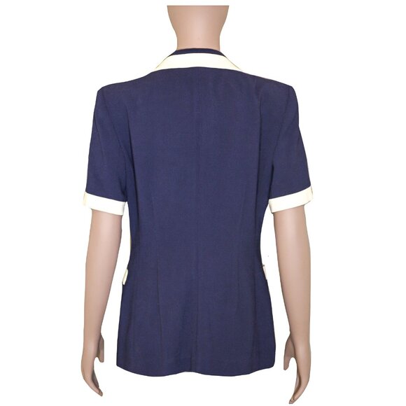 Vintage 80s Sailor Collared Button Down Short Sleeve Blouse Preppy Blazer Office - Picture 4 of 4